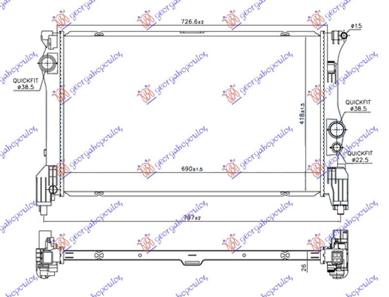 HLADNJAK MOTORA 2.2 (114/116/119 CDI/BLUETEC) (690x418x26) (NOSACI DOLE) (NRF)